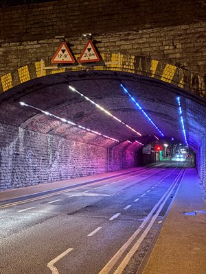 The tunnel on Hood Road in Barry lit up for LGBT+ History Month