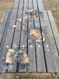 Burnt picnic benches at Cosmeston