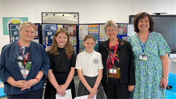 St Andrew pupils with Cllr Birch, Minister Jane Hutt and Headteacher, Mrs Hallet