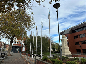 Armistice Flags and Cenotaph outside the Civic Offices