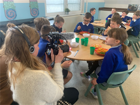 Television crew interviewing Barry Island School pupil